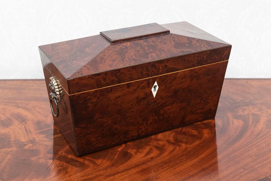 Unusual bura yew tea caddy with two original tea compartments.