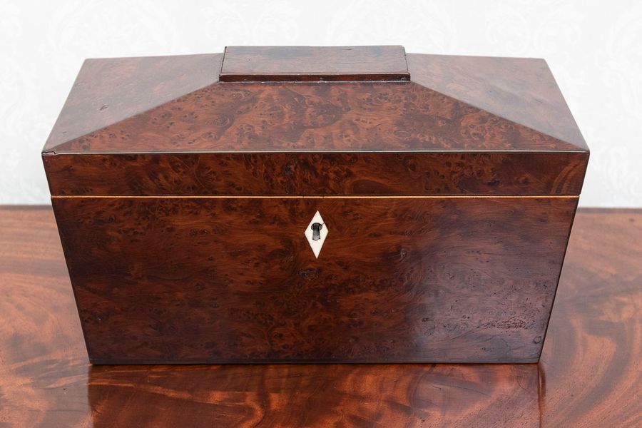 Antique Unusual bura yew tea caddy with two original tea compartments.