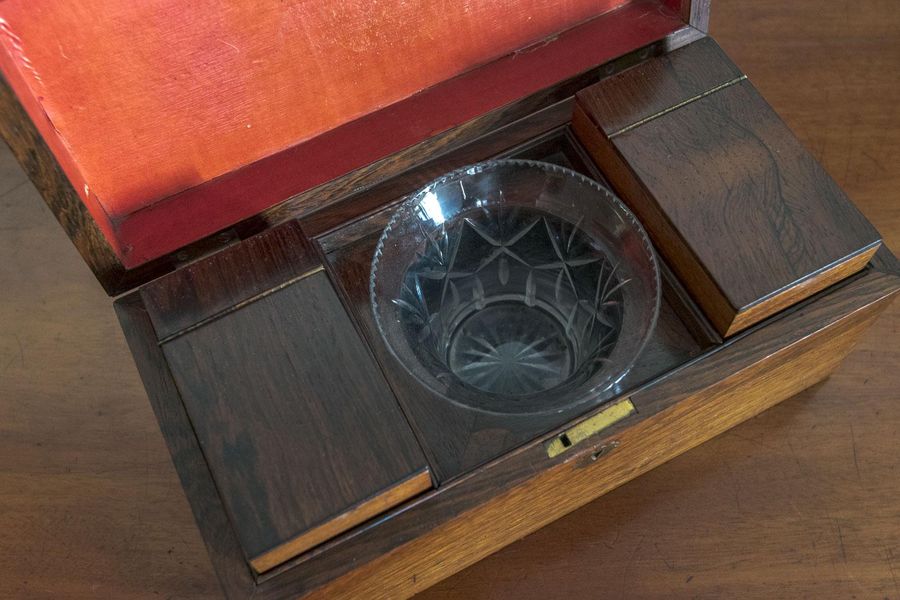 Antique George III antique mahogany tea caddy with cut glass mixing bowl