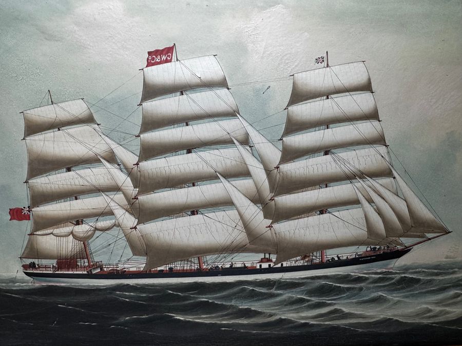 Antique Large Oil Painting Wiscombe Park Ship Enroute to Australia John Blumer & Co C1900