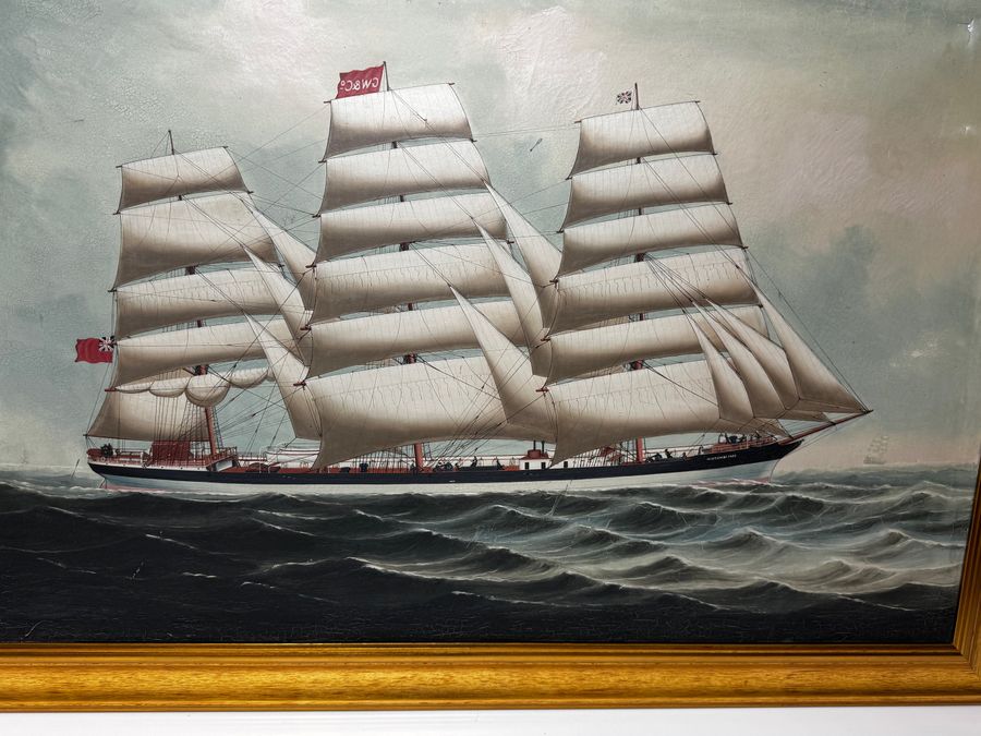 Antique Large Oil Painting Wiscombe Park Ship Enroute to Australia John Blumer & Co C1900