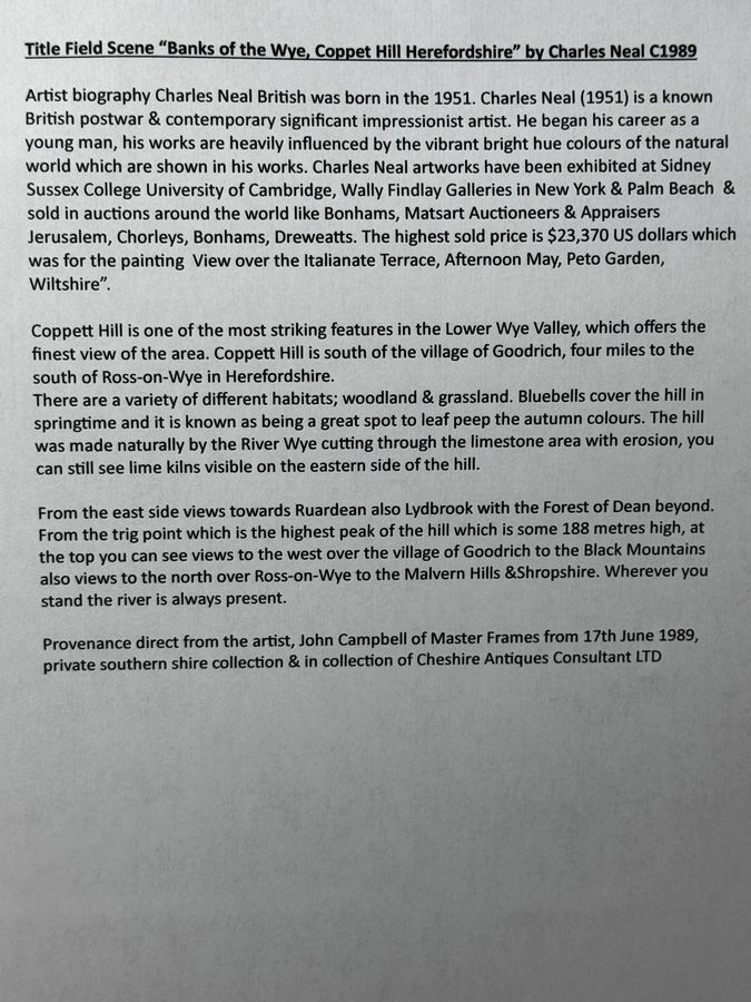 Antique Impressionist Painting Banks of the Wye Coppet Hill Herefordshire By Charles Neal C1989