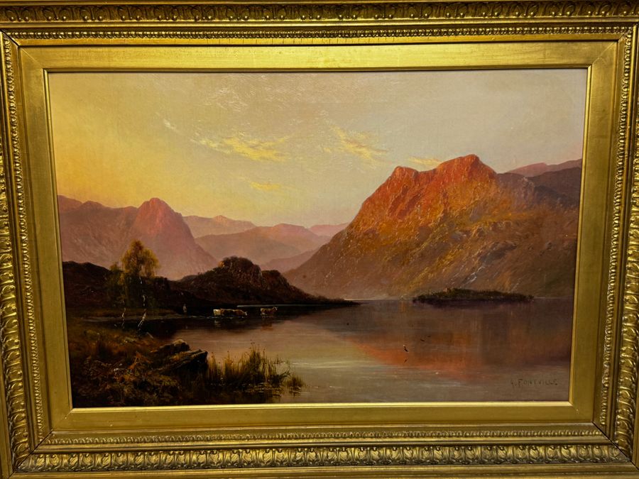 Antique Oil Painting Landscape Lake Windermere Sunset by Alfred de Breanski 