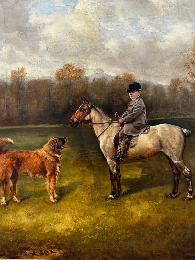 Antique  Oil Painting  Fry's Chocolate Owner Boy Francis James Fry Aged 5 Riding Pony & Attendant Dog By John Alfred Wheeler