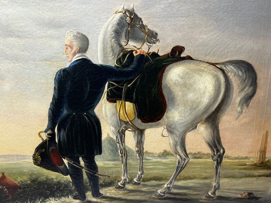 Antique Oil Painting Duke of Wellington Surveying Field Waterloo With Horse Attributed To Benjamin Robert Haydon