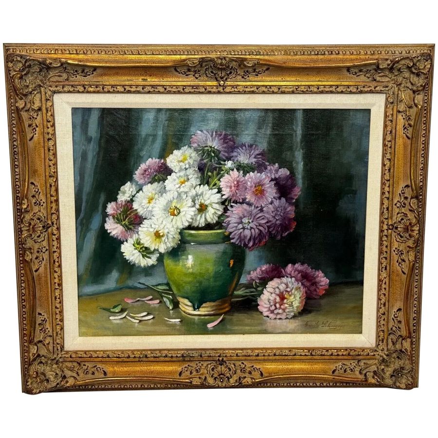 Framed Oil Painting Flowers Chrysanthemums In Vase By Emily Selinger