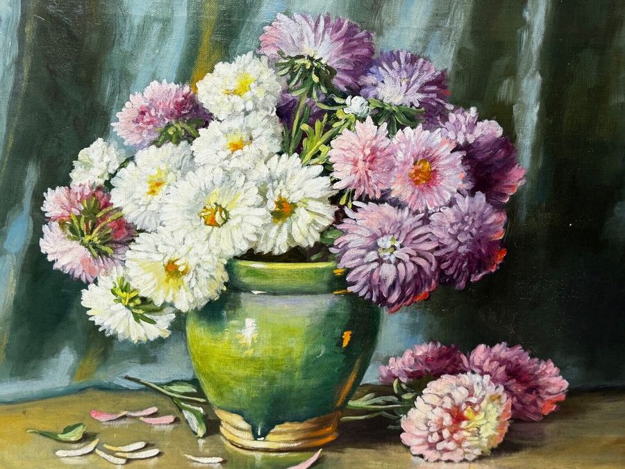 Antique Framed Oil Painting Flowers Chrysanthemums In Vase By Emily Selinger 