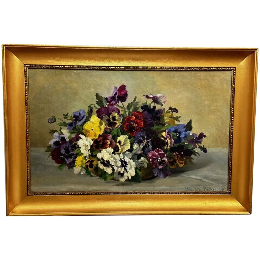 Pretty Framed Oil Painting Still Life Pansies Flowers By Emma Løffler