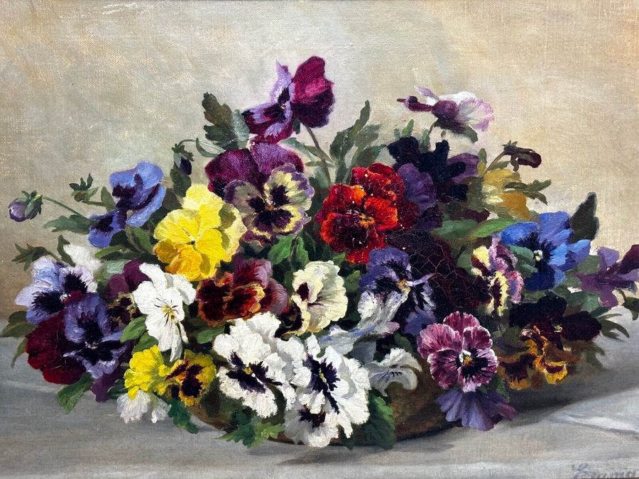 Antique Pretty Framed Oil Painting Still Life Pansies Flowers By Emma Løffler 