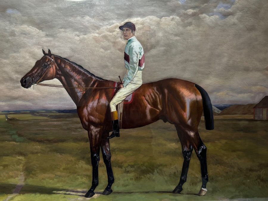 Antique Large Victorian Oil Painting Melton Bay Hunter Race Horse With Jockey Fred Archer Up