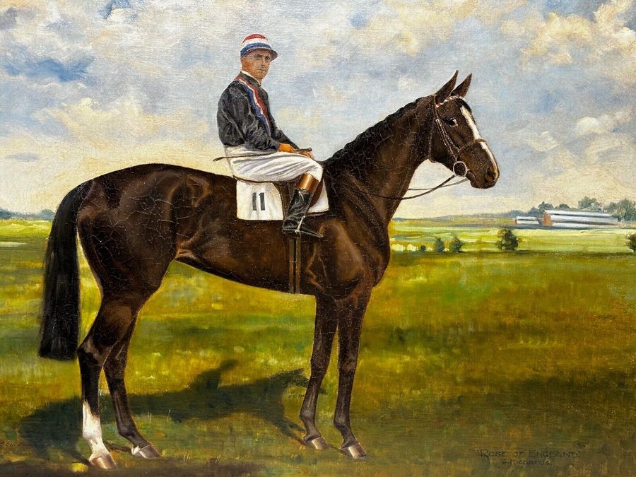 Oil Painting Jockey Sir Gordon Richards On Race Horse Rose of England Newmarket C1930