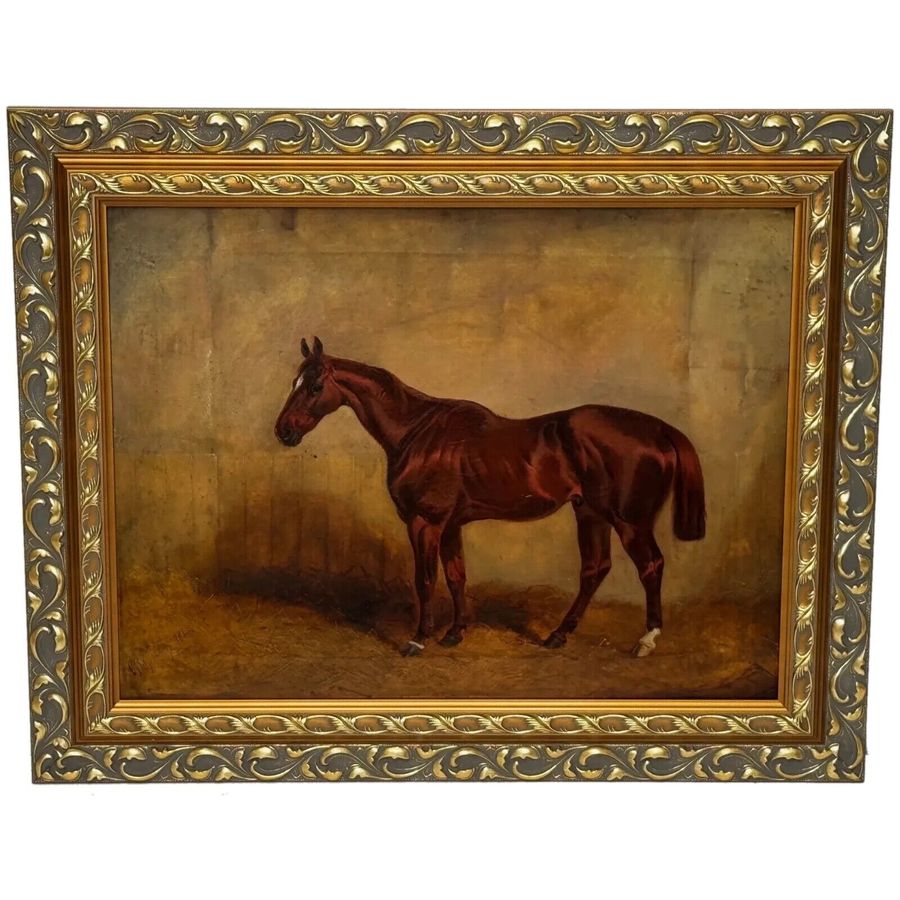 Early Victorian Oil Painting Chestnut Horse Hunter In Stable by Charles Bilger Spalding RA