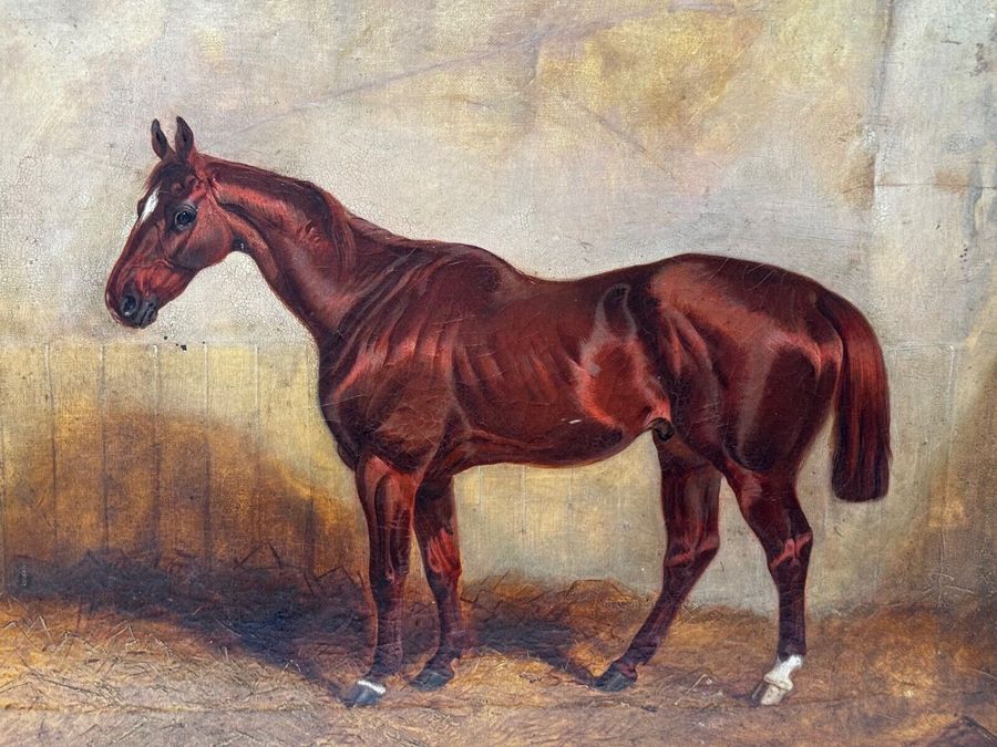 Antique Early Victorian Oil Painting Chestnut Horse Hunter In Stable by Charles Bilger Spalding RA