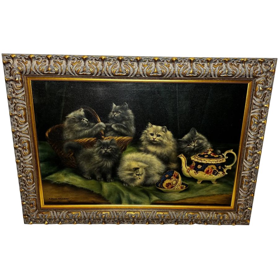 Beautiful Framed Painting Persian Kittens Playing Tea Party by Agnes Augusta Tallboys