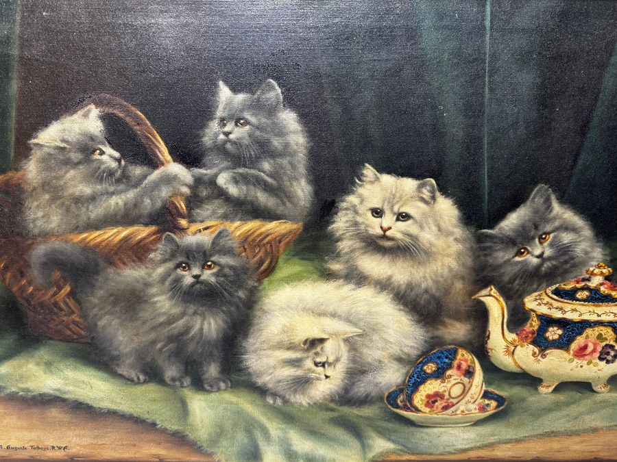 Antique Beautiful Framed Painting Persian Kittens Playing Tea Party by Agnes Augusta Tallboys