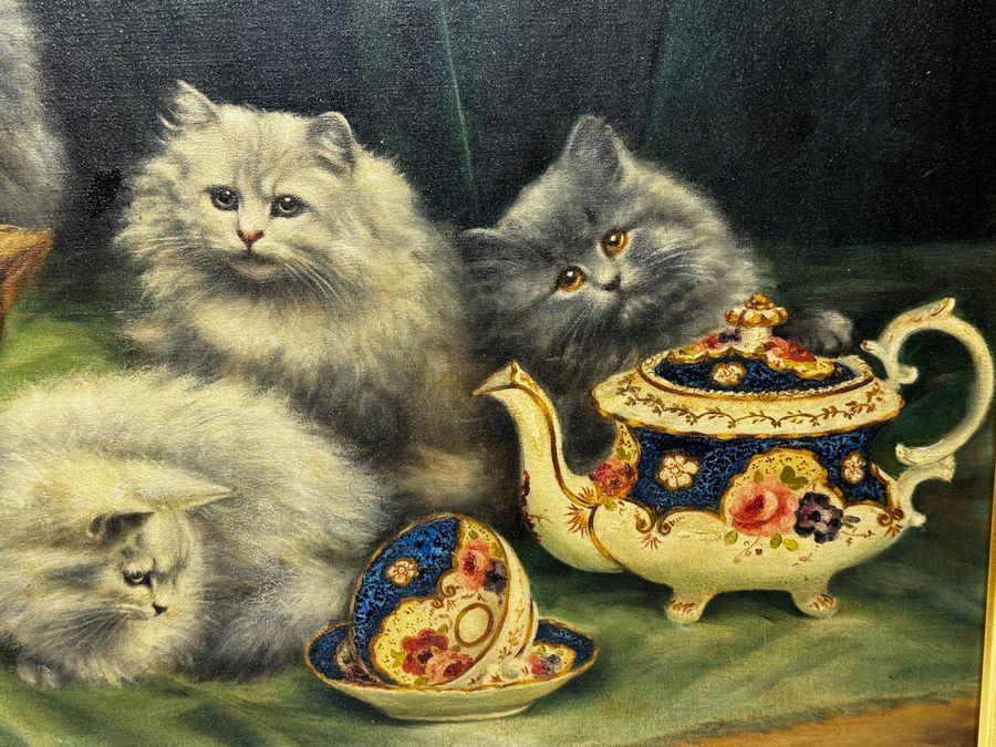 Antique Beautiful Framed Painting Persian Kittens Playing Tea Party by Agnes Augusta Tallboys