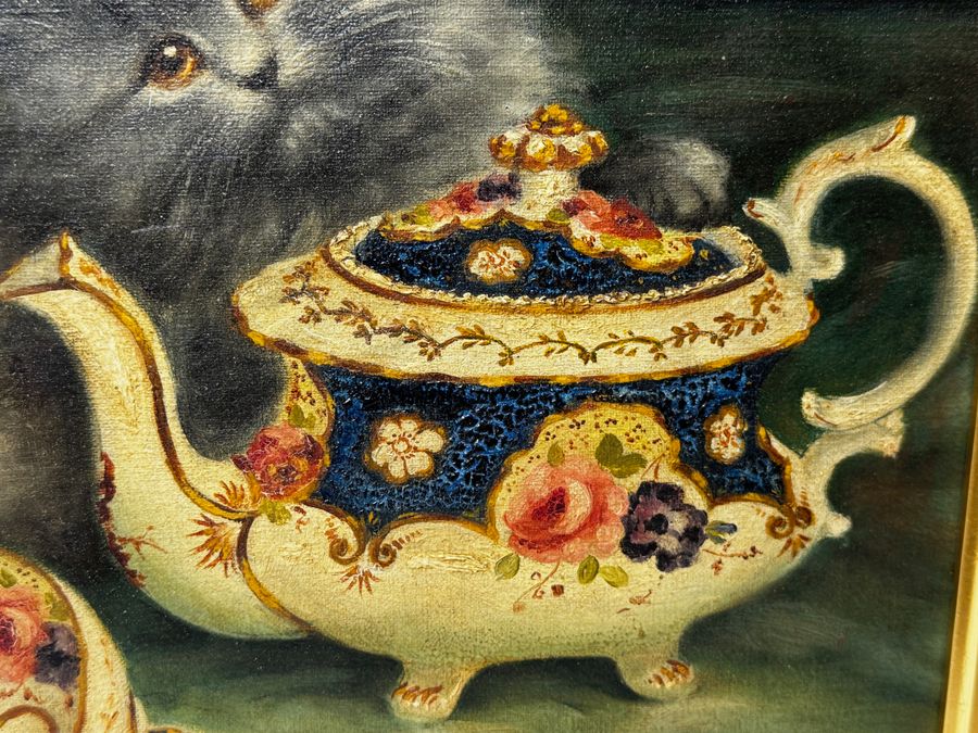 Antique Beautiful Framed Painting Persian Kittens Playing Tea Party by Agnes Augusta Tallboys