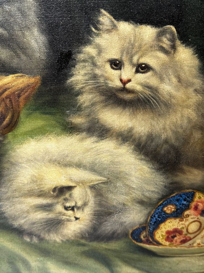 Antique Beautiful Framed Painting Persian Kittens Playing Tea Party by Agnes Augusta Tallboys