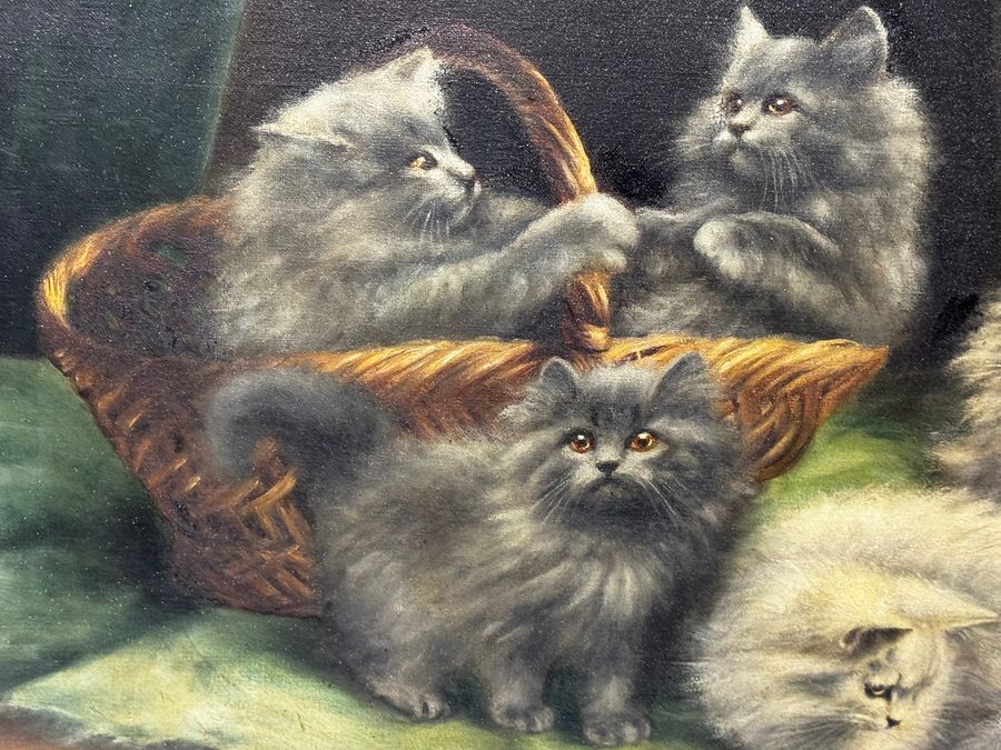 Antique Beautiful Framed Painting Persian Kittens Playing Tea Party by Agnes Augusta Tallboys