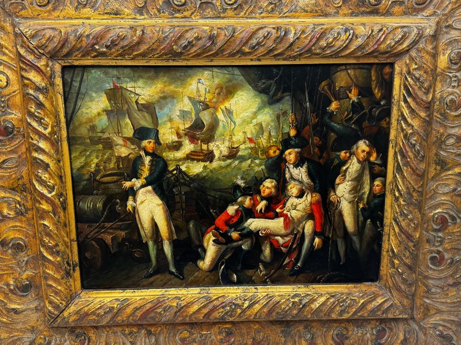 Antique Oil Painting Sea Battle Lord Howe On Ship HMS Queen Charlotte 