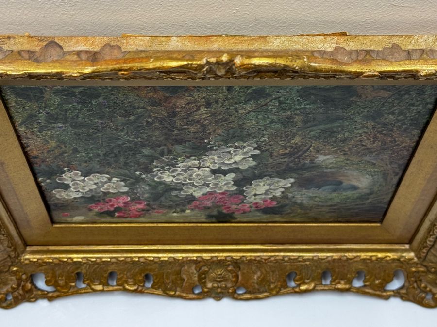 Antique Victorian Painting Flowers Starling Bird Eggs Nest Mossy Bank By Oliver Clare