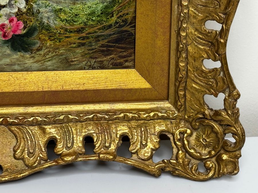 Antique Victorian Painting Flowers Starling Bird Eggs Nest Mossy Bank By Oliver Clare