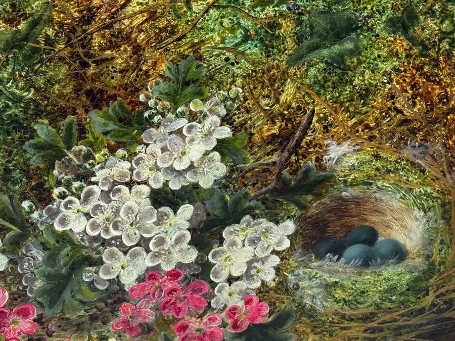 Antique Victorian Painting Flowers Starling Bird Eggs Nest Mossy Bank By Oliver Clare