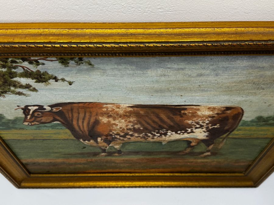 Antique TraditionalVictorian Animal Painting Prized Shorthorn Bull 