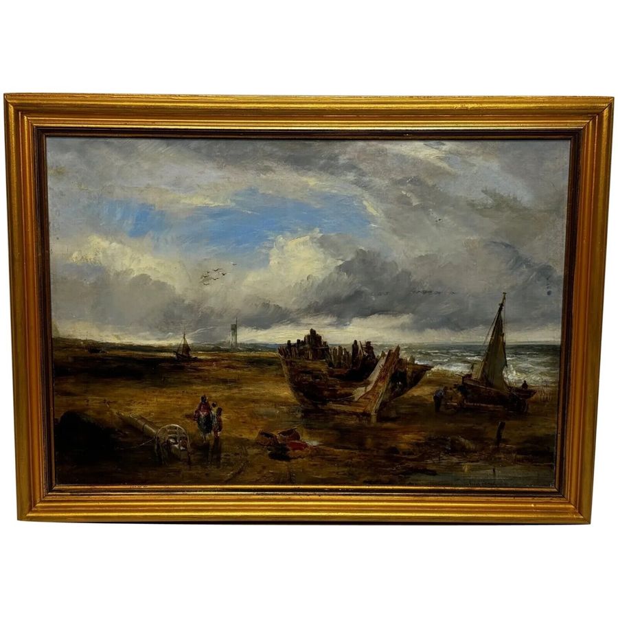 Victorian Oil Painting Ships Hulk Wreck Moreton Beach Wirral Leasowe Lighthouse