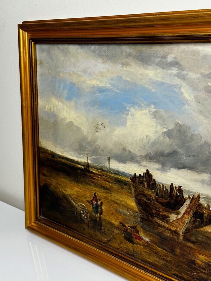 Antique Victorian Oil Painting Ships Hulk Wreck Moreton Beach Wirral Leasowe Lighthouse