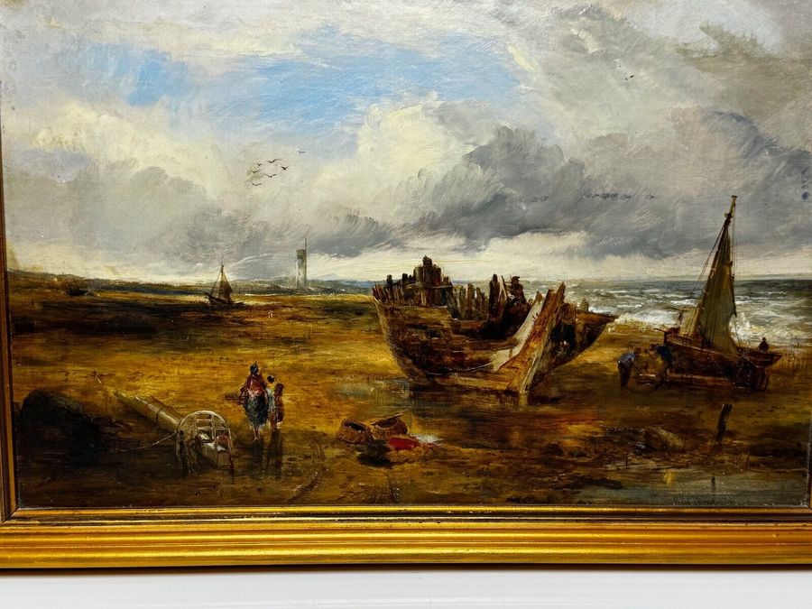 Antique Victorian Oil Painting Ships Hulk Wreck Moreton Beach Wirral Leasowe Lighthouse