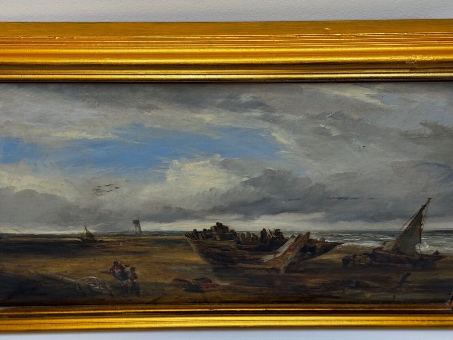 Antique Victorian Oil Painting Ships Hulk Wreck Moreton Beach Wirral Leasowe Lighthouse