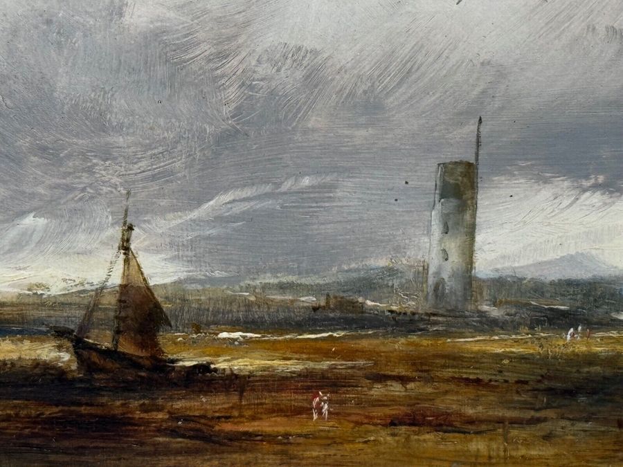 Antique Victorian Oil Painting Ships Hulk Wreck Moreton Beach Wirral Leasowe Lighthouse