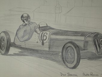 An original unframed drawing racing scene by Van Fryer professionally mounted inscribed Dick Seam...