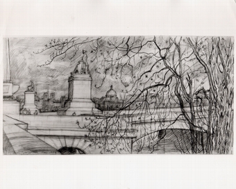 Andre Jacquemin, French 1904, pencil on paper, Quai de Pairs, France. Exhibited Wildenstein and C...