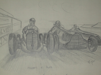 An original unfrmaed drawing by Van Fryer racing scene professionally mounted and inscribed Maser...