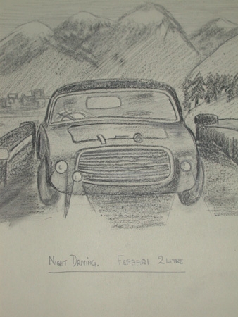 An original unframed drawing by Van Fryer racing scene Night Driving Ferrari 2 litre professional...