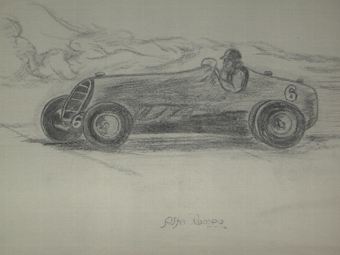 An original un framed drawing by Van Fryer racing scene professionally mounted inscribed Alfa Rom...