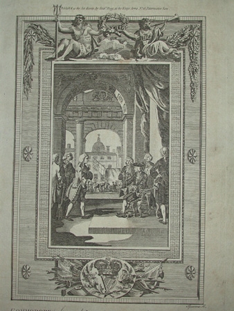 Engraving of Lord Anson attending King George the secound with an account of his Voyage round the...