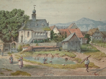 An original watercolour of a continental scene professionally mounted