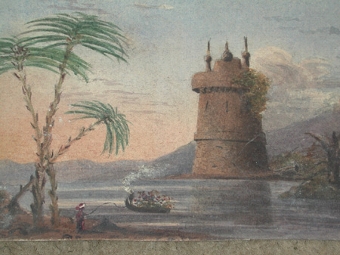 Original watercolour continental lake with figures professionally mounted 