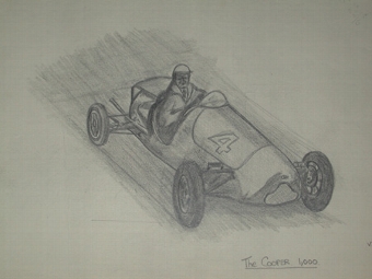 An original unframed drawing by racing artist Van Fryer professionally mounted inscribed The Coop...