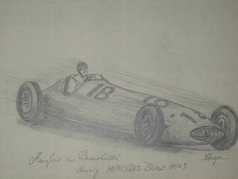 An original racing drawing by Van Fryer unframed professionally mounted inscribed Mayfeild von Br...