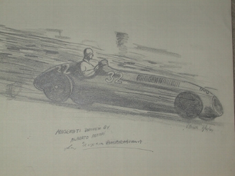 An original unframed drawing by racing artist Van Fryer professionally mounted and inscribed Mase...
