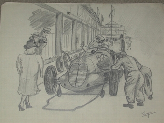 An orginal drawing by racing artist Van Fryer unframed The Pit tyre change professionally mounted...