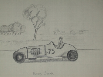 An original unframed drawing by racing artist Van Fryer professionally mounted and inscribed Alla...