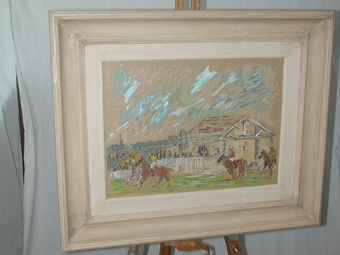 An early 20th century mixed media gouache and pastel of a polo game with stands behind signed Fro...