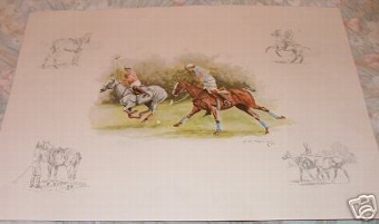 A framed 20th century print of polo players and sketches indistincly signed and dated 83