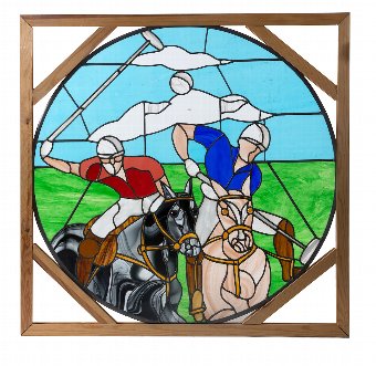 A 20th century stained glass window depicitng a polo match. These windows can be made to order wi...