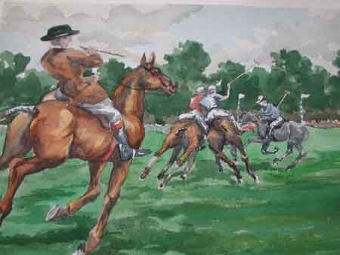 Signed watecolour polo match dated 1985 W Sutton